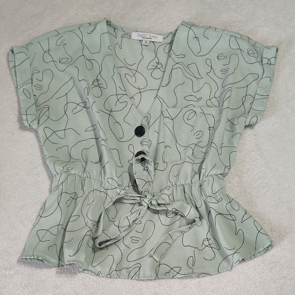 Sweet Rain Mint Abstract Blouse with Tie Waist